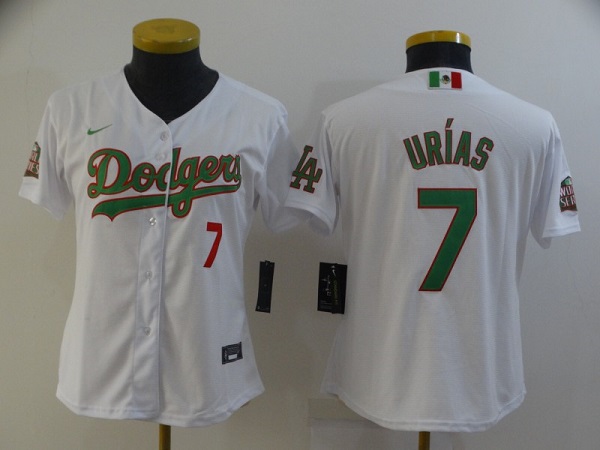Women Los Angeles Dodgers #7 Julio Urias White Green 2020 World Series Stitched Jersey